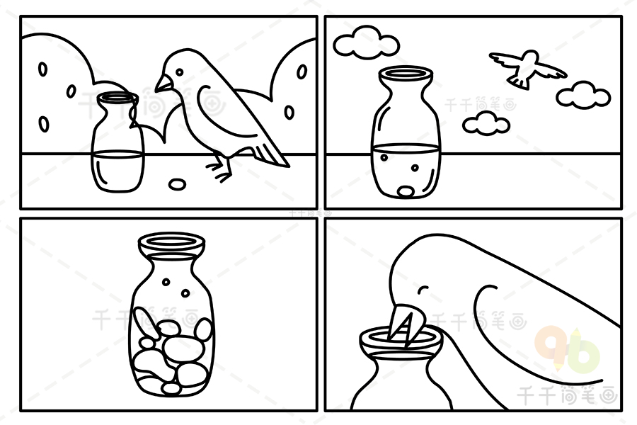 寓言故事连环画4张乌鸦喝水，乌鸦喝水的故事连环画