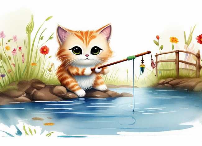 小猫钓鱼故事儿童画、小猫钓鱼故事画 简笔画