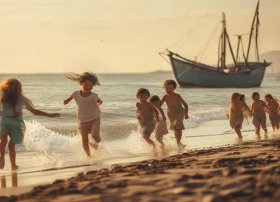 外婆家的澎湖湾儿童故事情景画；外婆的澎湖湾幼儿情景画