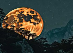 月亮故事 - 山上一轮橘红色的月亮故事
