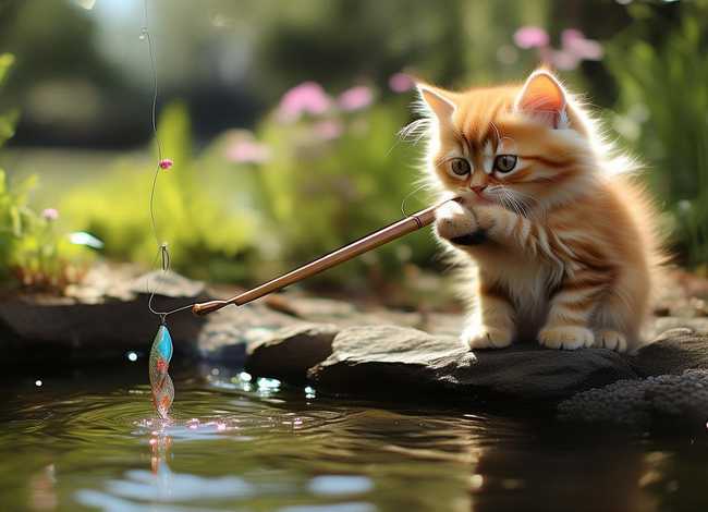 小猫钓鱼故事图片；小猫钓鱼故事图片配图