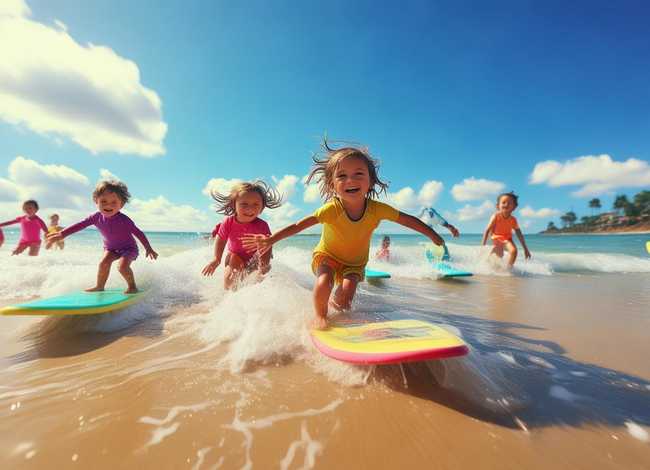 儿童海边冲浪趣事、海边冲浪儿童画
