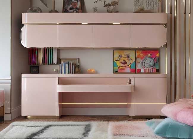 儿童房衣柜书桌一体效果图高档大气上档次，儿童房衣柜书桌一体样板间效果图