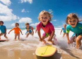 儿童海边冲浪趣事、海边冲浪儿童画