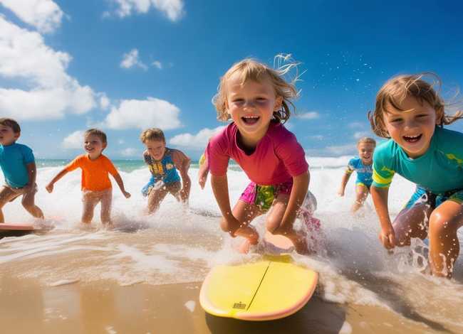 儿童海边冲浪趣事、海边冲浪儿童画