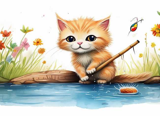 小猫钓鱼故事儿童画、小猫钓鱼故事画 简笔画