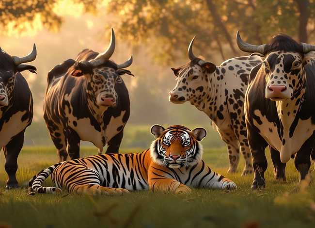 睡前儿童故事一只老虎和4只野牛 - 四只野牛和一只老虎的故事视频 睡前儿童故事一只老虎和4只野牛 - 四只野牛和一只老虎的故事视频