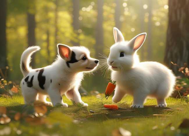 儿童故事狗狗和小白兔，小狗和小兔子的有趣的小故事