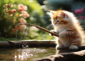 小猫钓鱼故事图片；小猫钓鱼故事图片配图