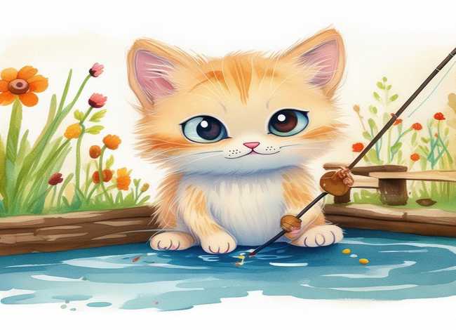 小猫钓鱼故事儿童画、小猫钓鱼故事画 简笔画