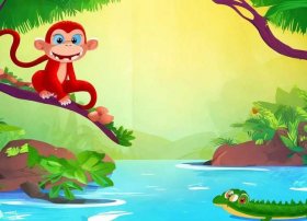 儿童讲故事ppt模板猴子和鳄鱼；幼儿故事猴子和鳄鱼的故事