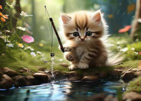 小猫钓鱼儿童画；小猫钓鱼儿童画作品图片大全
