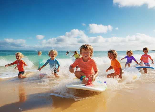 儿童海边冲浪趣事、海边冲浪儿童画