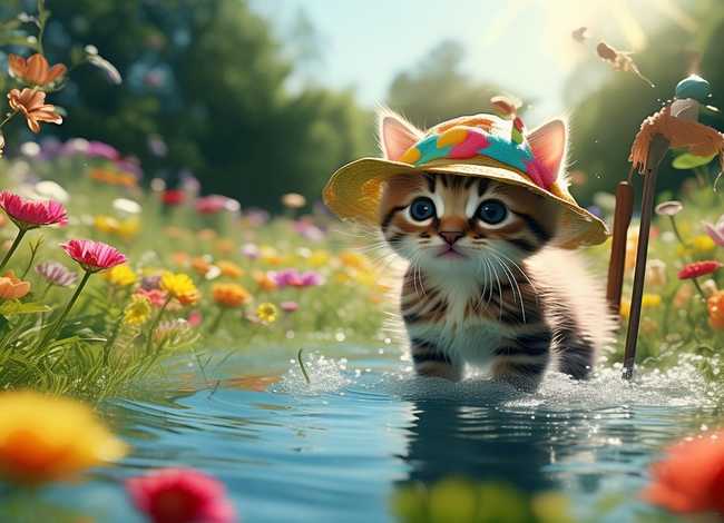 小猫钓鱼儿童画；小猫钓鱼儿童画作品图片大全