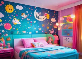 儿童床头装饰效果图；儿童床头背景墙效果图