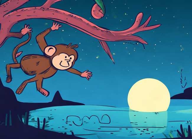 猴子捞月故事儿童画 猴子捞月的故事图片 简笔画