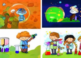 4格儿童简笔画科学故事；科学小故事简笔画