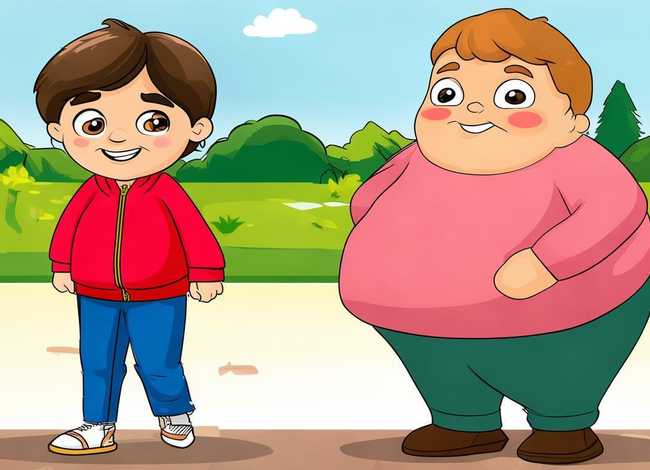健康儿童和肥胖儿童对比图卡通；儿童肥胖健康教育
