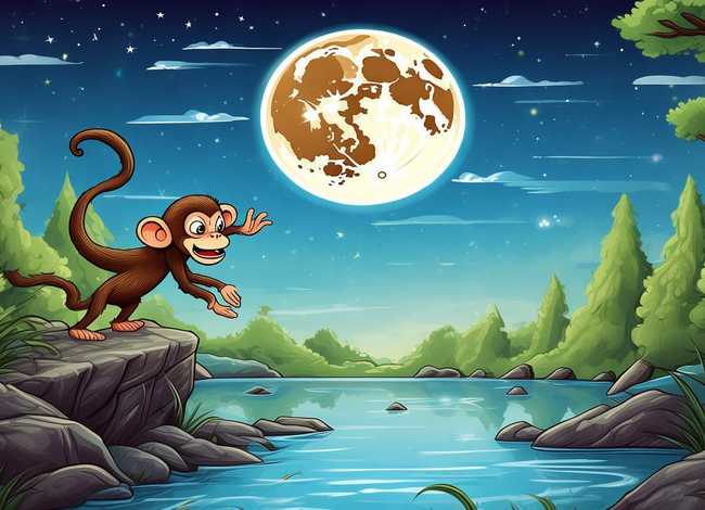 猴子捞月故事盒子简笔画大全大图，猴子捞月简笔画绘本小故事图片