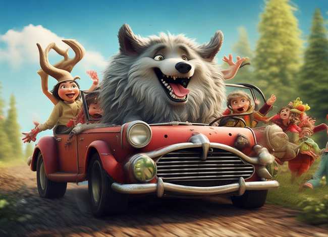 大灰狼开汽车的儿童故事；大灰狼开心的故事