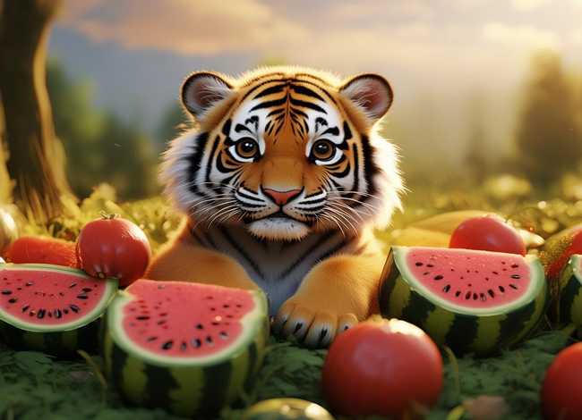 老虎和西瓜的儿童故事；老虎吃西瓜的故事