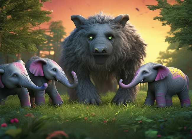 三只大象的儿童故事 - 三只大象和大灰狼的故事