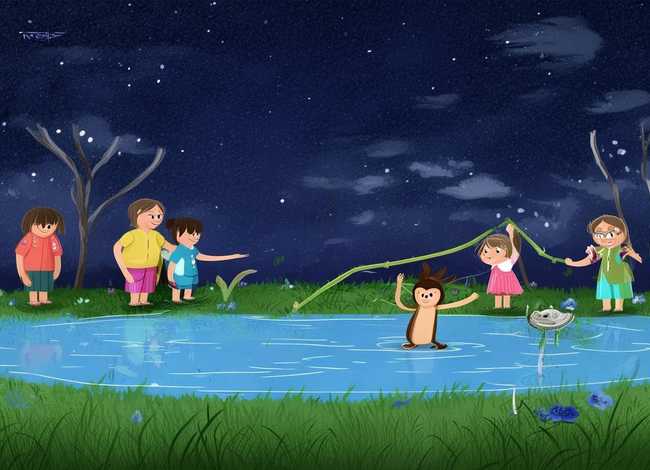 儿童讲猴子捞月的故事、小朋友讲猴子捞月亮的故事视频