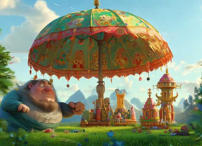 儿童故事巨人打伞伞里话太阳；巨人伞里有小人王国的动画片