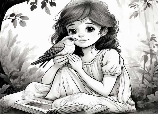 小女孩和鸟的故事书黑白，小女孩和鸟的故事书黑白图片
