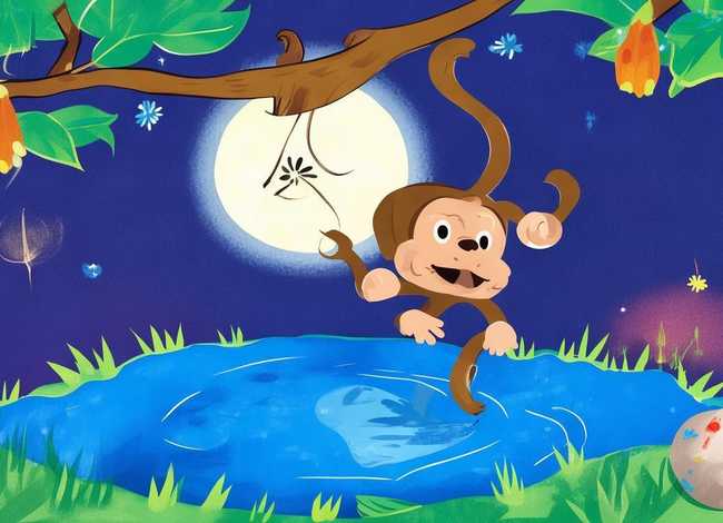 猴子捞月故事儿童画 猴子捞月的故事图片 简笔画