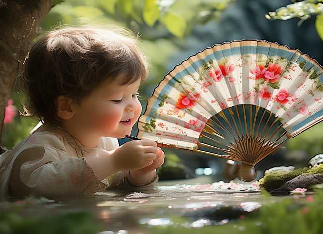 扇子画花儿童；扇子画花儿童图片
