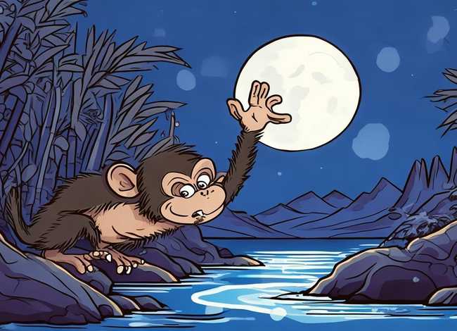 猴子捞月故事盒子简笔画大全大图，猴子捞月简笔画绘本小故事图片