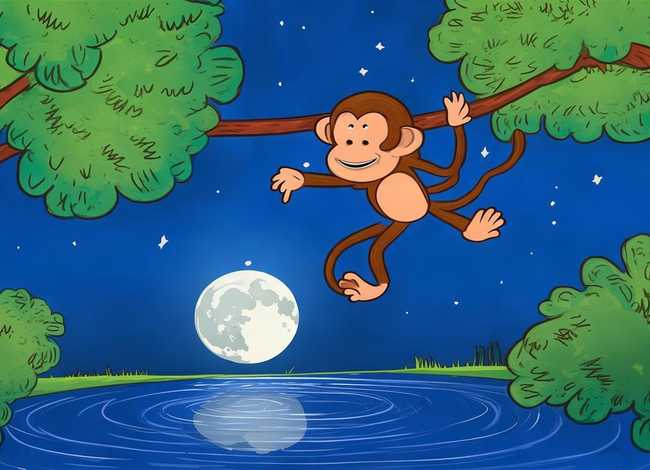 猴子捞月故事儿童画 猴子捞月的故事图片 简笔画