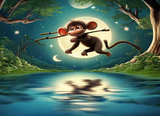 猴子捞月故事儿童想象画面；猴子捞月小故事配画图片大全