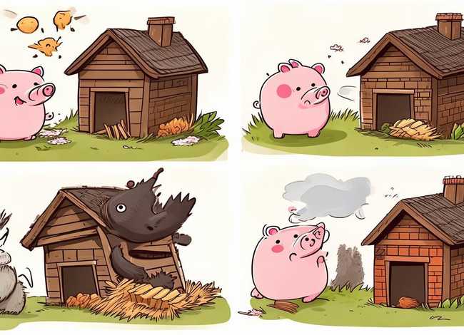 简单四格简笔画小故事（简单四格简笔画小故事写事情的经过,三只小猪）