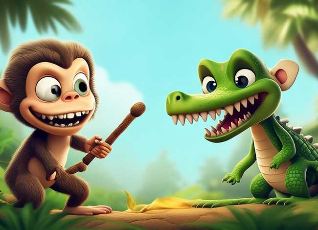 儿童故事小猴斗鳄鱼 - 小猴子和鳄鱼幼儿故事