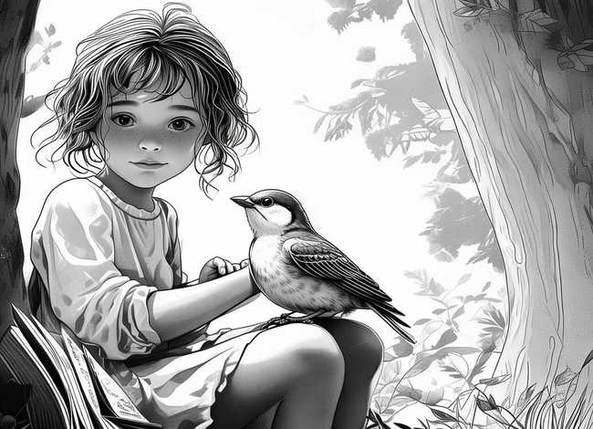 小女孩和鸟的故事书黑白，小女孩和鸟的故事书黑白图片