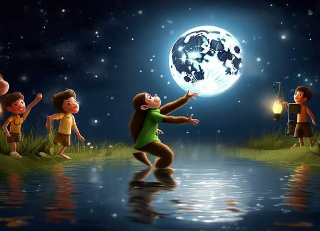 猴子捞月的故事儿童英文版；猴子捞月的故事超简英文版