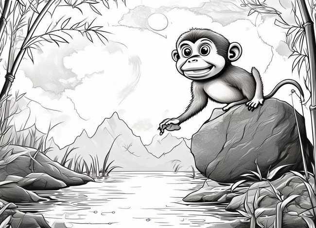 猴子捞月故事盒子简笔画大全大图，猴子捞月简笔画绘本小故事图片