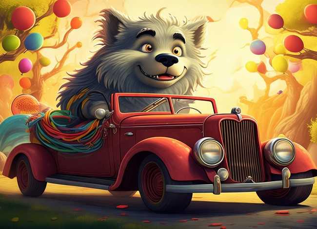 大灰狼开汽车的儿童故事；大灰狼开心的故事