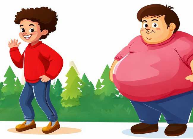 健康儿童和肥胖儿童对比图卡通；儿童肥胖健康教育