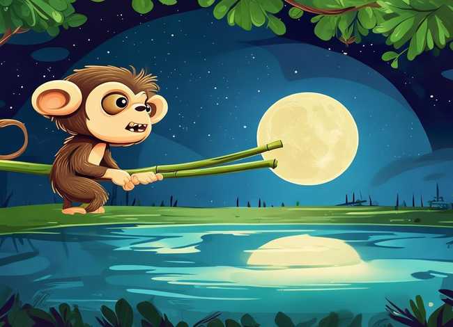 猴子捞月故事儿童想象画面；猴子捞月小故事配画图片大全
