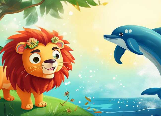 寓言故事儿童画有狮子 寓言故事海豚与狮子儿童画