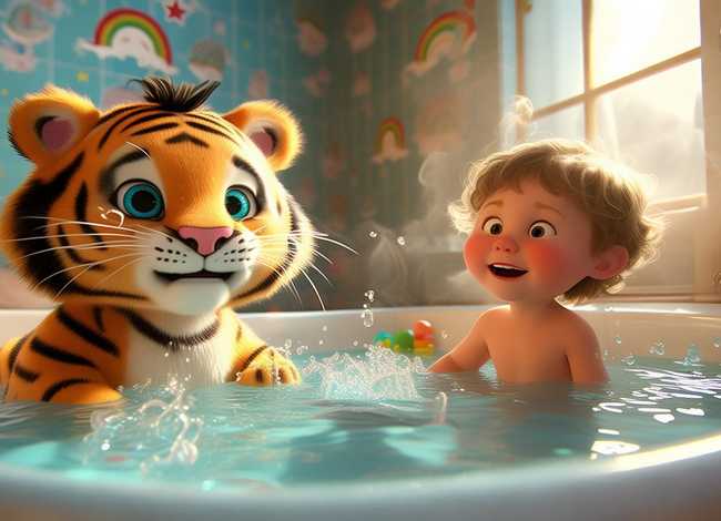 儿童故事洗澡的老虎，洗澡的幼儿故事