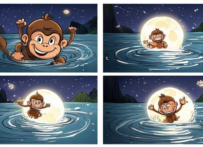 猴子捞月故事简笔画4格；猴子捞月的故事简笔画