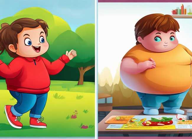 健康儿童和肥胖儿童对比图卡通；儿童肥胖健康教育