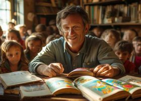 他经常读儿童故事，他经常读故事书