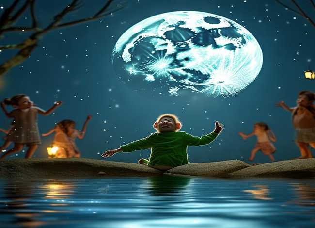 猴子捞月的故事儿童英文版；猴子捞月的故事超简英文版