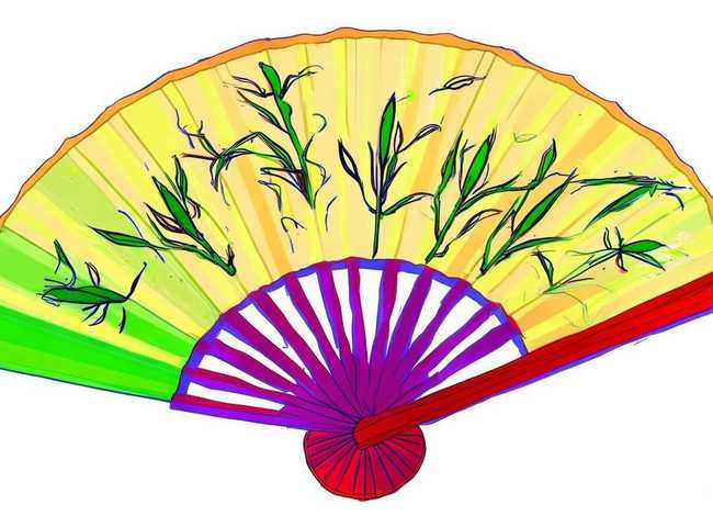 团扇儿童画；团扇儿童画竹叶