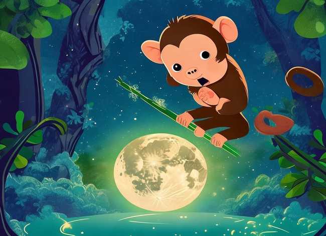 猴子捞月故事儿童想象画面；猴子捞月小故事配画图片大全